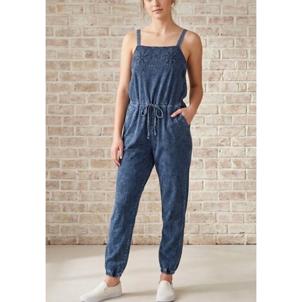 O'Neill Size S Blue Acid Wash Jumpsuit Embroidered Floral Strappy Boho